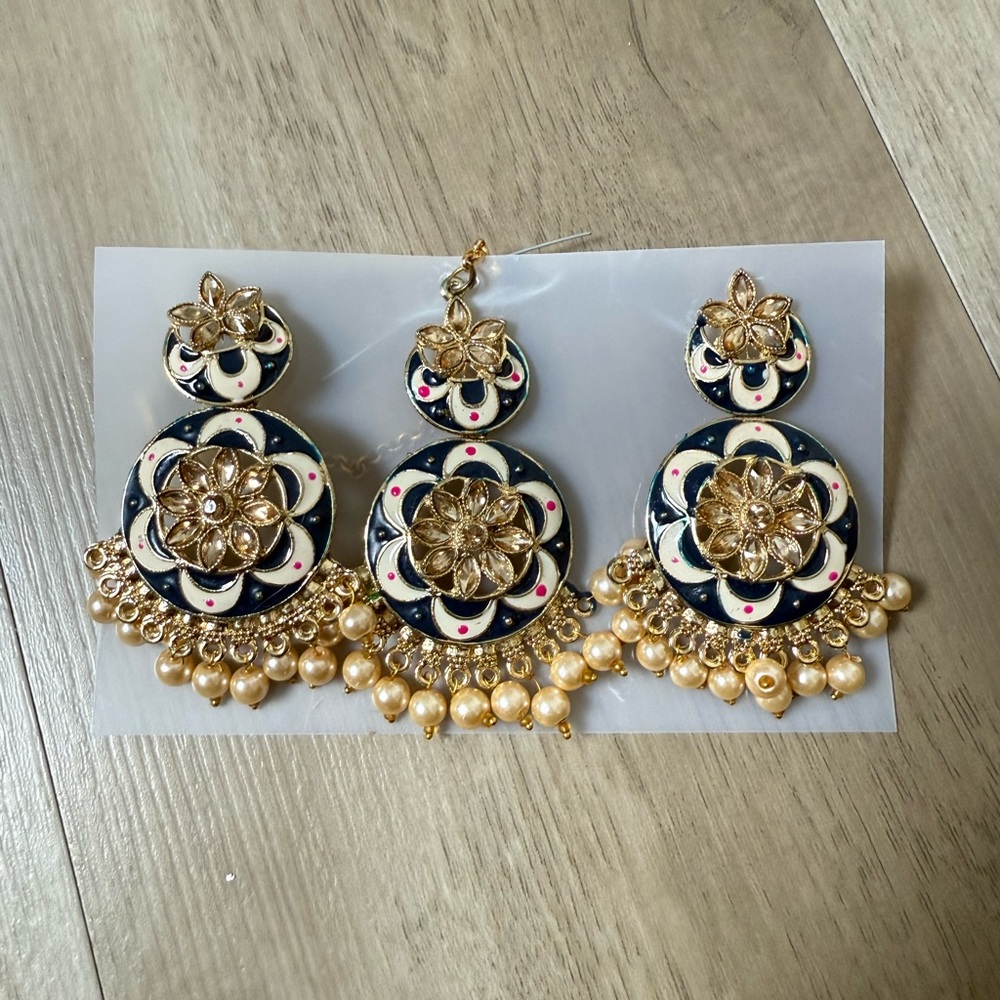 Navy Blue Enamel Jewelry Set – Earrings + Maang Tikka with Pearls
